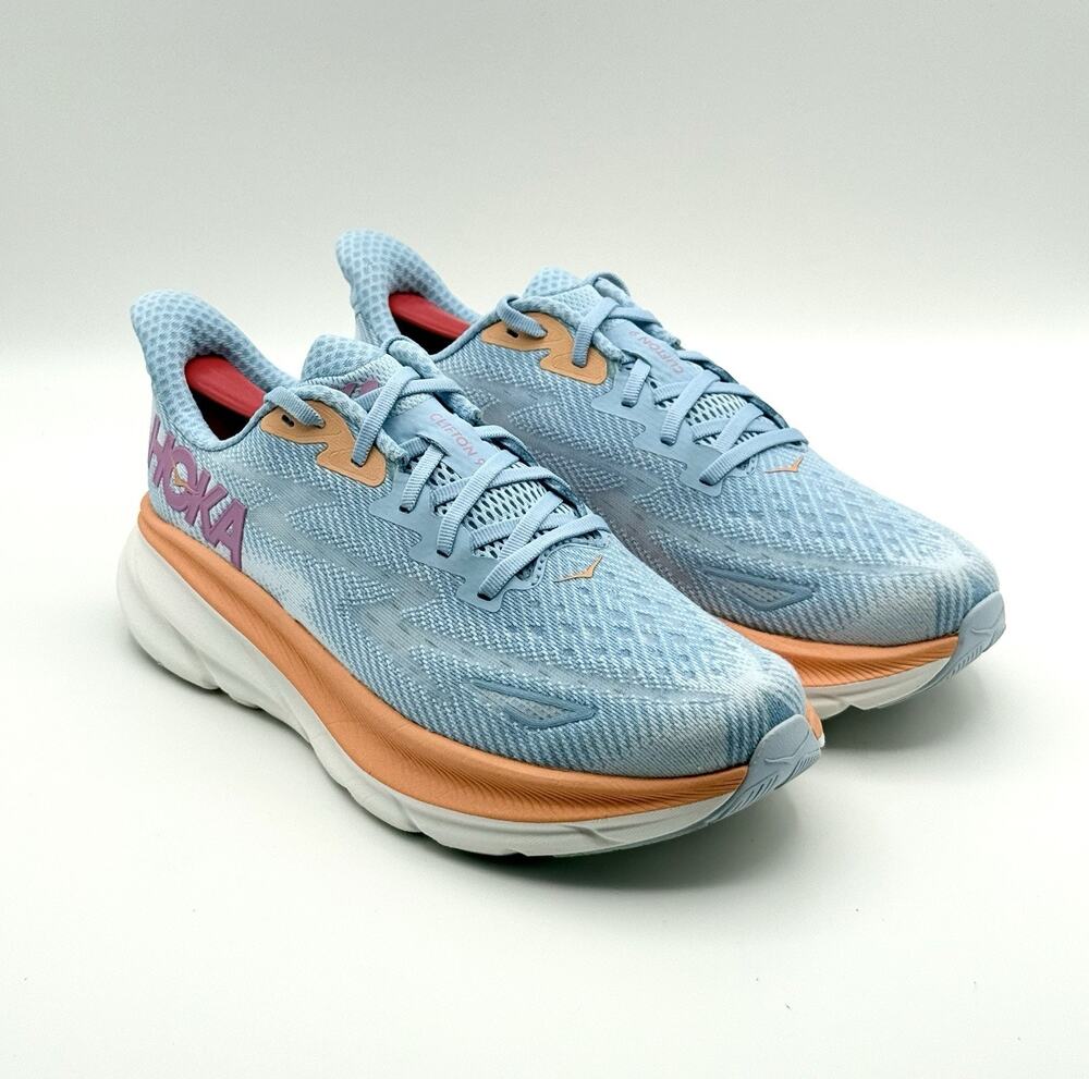 Hoka One One Clifton 9 Womens Size 8.5 Running Shoes Blue Orange Cushion Comfort